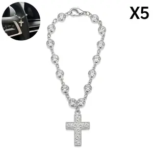 Harkapy 5-Pack Vintage Floral Cross Car Steering Wheel Charm With Sparkling Rhinestones Silver Plated Religious Auto Accessory Easy Install