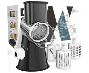 Rotary Cheese Grater Hand Crank Cheese Shredder for Fresh Cheese, Vegetable, Nuts,Non-slip Suction Base, Free Cleaning Brush Three Blades, Black