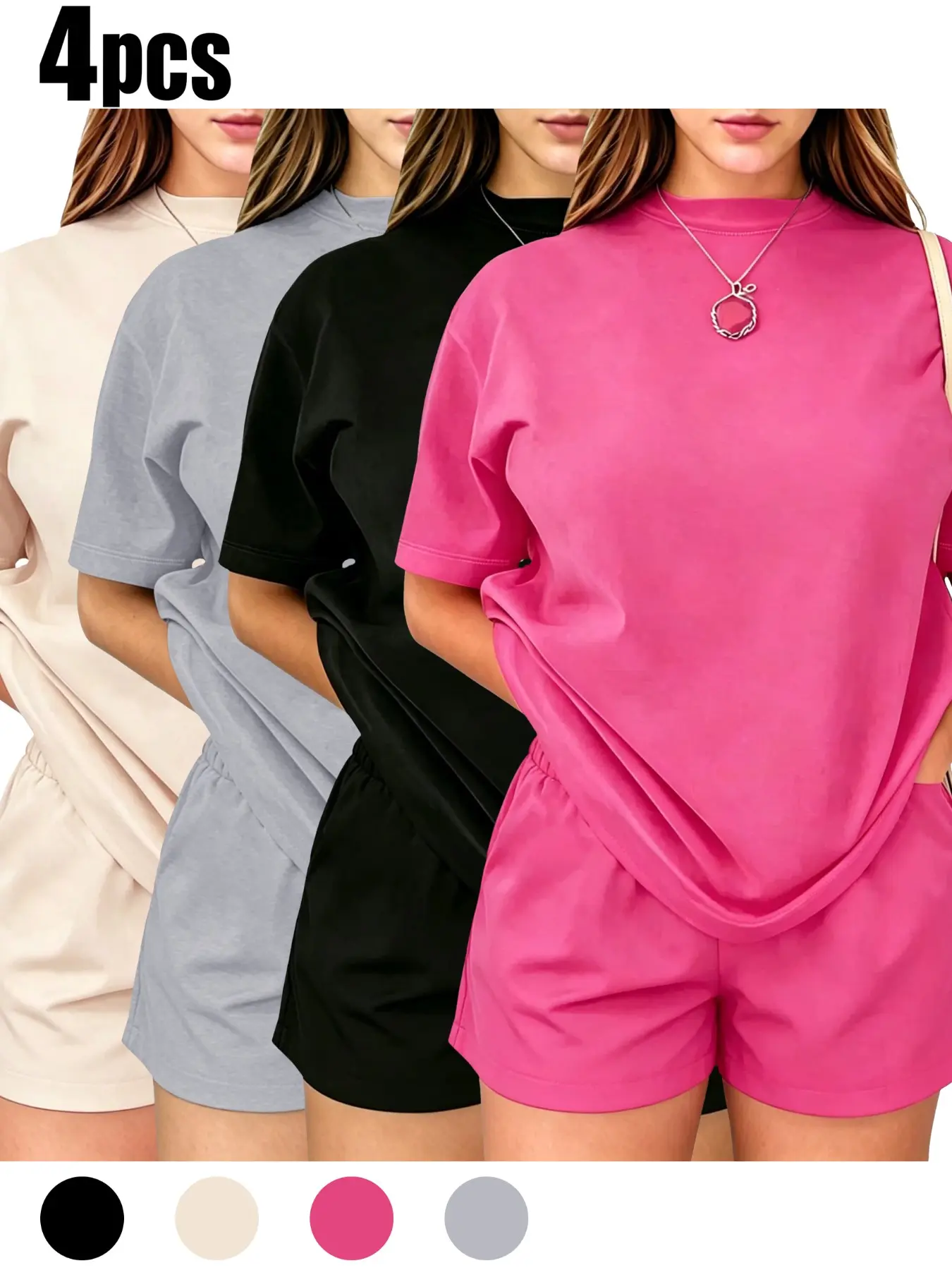 Women's New Plain Basic Short Sleeve T-Shirt and Shorts Set, Summer Breathable Casual, Sweet Cool Lazy Style, Four-Piece Suite