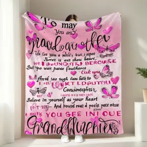 Grandmother to Granddaughter Gift Blanket Pink Floral Butterfly Heartwarming Message for Teen Girls Valentine's Day Ideal Soft Warm Lightweight Flannel Fabric All Seasons birthday celebration