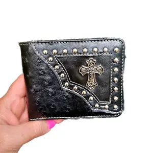 Cross Western wallet Ostrich pattern short bi-fold concho and studded faux leather with religious theme wallet.