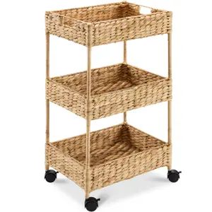 Best Choice Products 3-Tier Water Hyacinth Rolling Utility Cart w/ Weaved Baskets