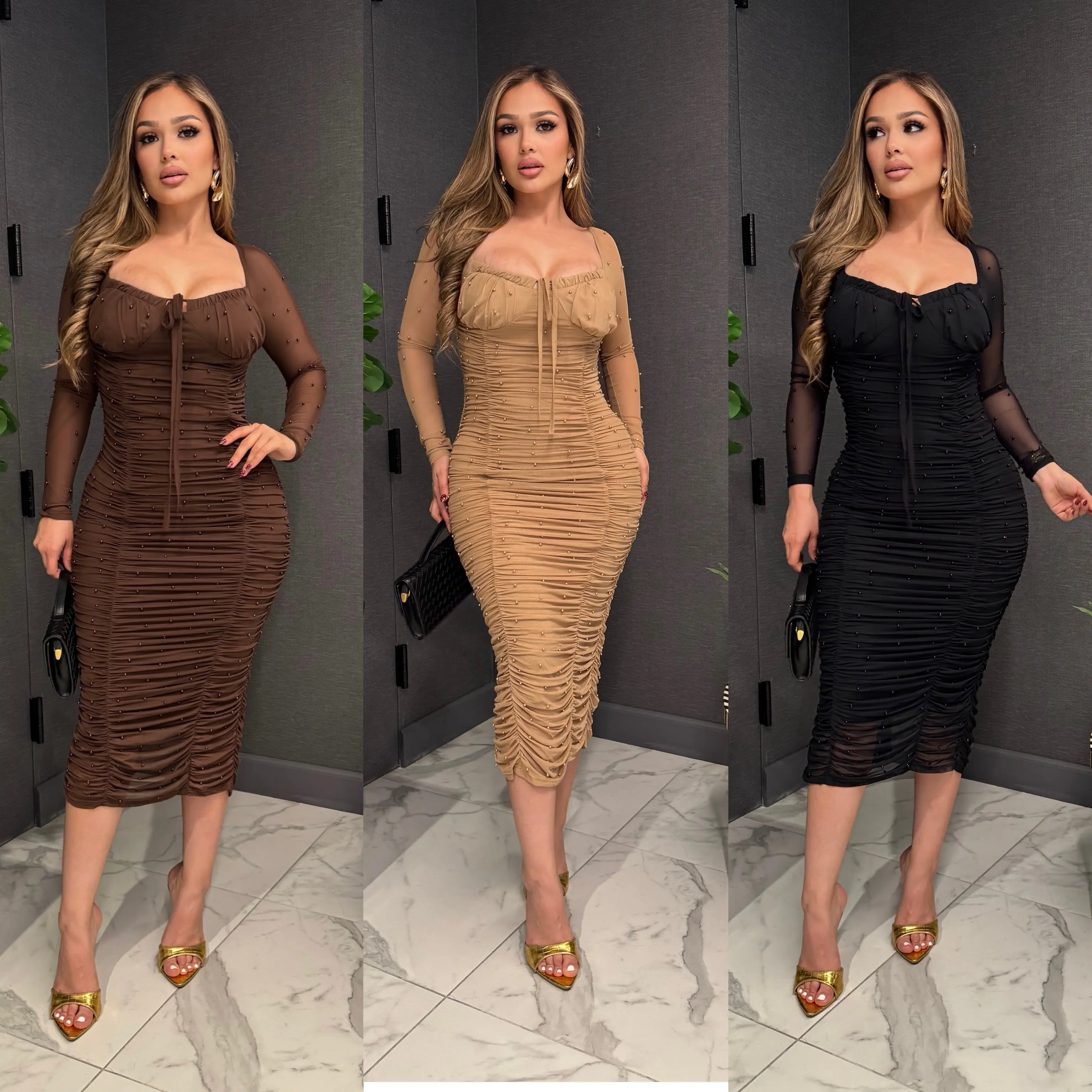 Women's Soft Boho Chic Long Sleeve Mesh Formal Dress - Elegant Formal Wear, Dressy Party Attire for Wedding Guest Occasions, Stylish Womenswear, Elegant Formal Dresses
