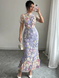 ✨ Elenzga Women Short Sleeve Fitted Dress With 3D Embroidery, Elegant And Feminine Look.