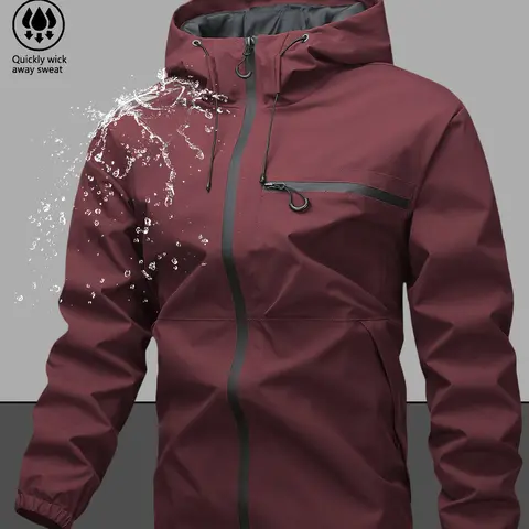 Men's Plain Waterproof Windproof Drawstring Zip Up Hooded Jacket Casual Long Sleeve Zipper Pocket Design Outerwear for Outdoor Activities, Men's Clothes for All Seasons, Menswear, Casual Jackets