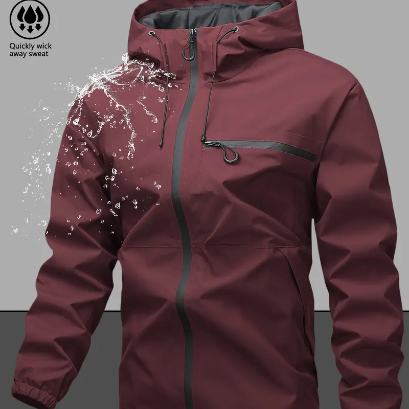 Men's Plain Waterproof Windproof Drawstring Zip Up Hooded Jacket Casual Long Sleeve Zipper Pocket Design Outerwear for Outdoor Activities, Men's Clothes for All Seasons, Menswear, Casual Jackets