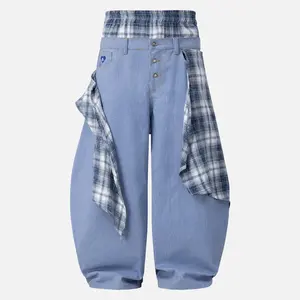 Aelfric Eden Double Waist Plaid Baggy Barrel Jeans High Waist Casual Streetwear Unisex Jeans