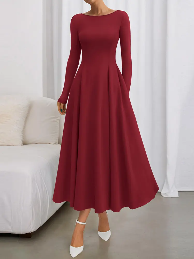 boat neck flowy dress Fantasia | Cream Boat-Neck Midi Dress With Asymmetric Drop-Waist