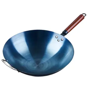 1pc New 31cm Carbon Steel Wok Pan, 1.5mm Thick Preseasoned Chinese Wok, Kitchen Cookware with Wood Handle, Durable & Heat-Resistant, Wooden