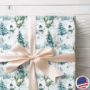 Green and Blue Christmas Village Wrapping Paper with Snowmen, Holiday Gift Wrap Roll, Winter Wonderland Christmas Gift Wrap for Presents