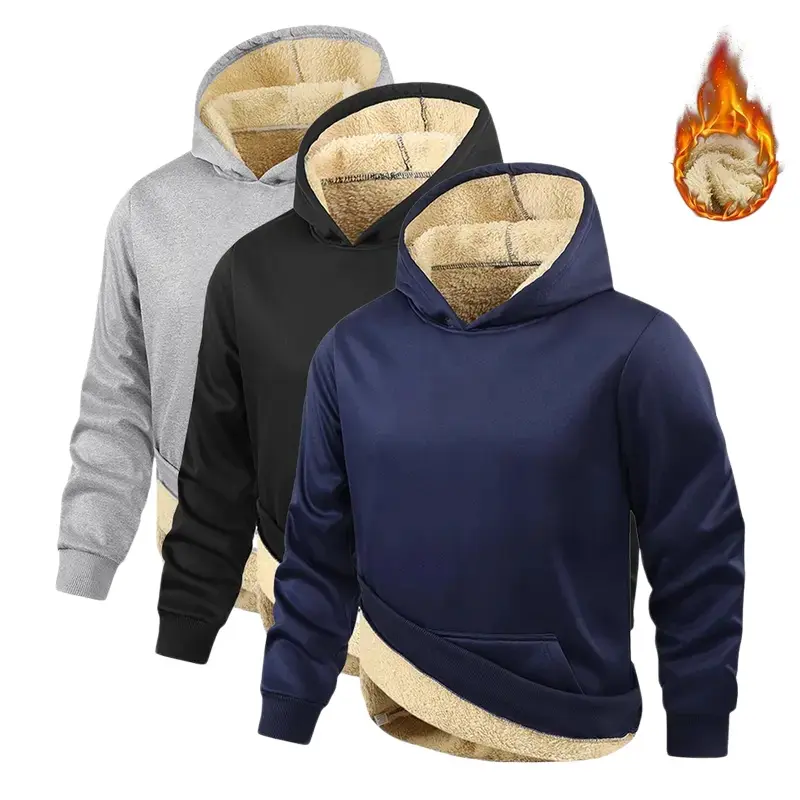 Men's Winter Thick Sherpa-Lined Hoodie Pullover Sweatshirt, Windproof Long-Sleeve Hooded Top with Kangaroo Pocket, Warm Fleece-Lined for Sports & Outdoor Work, Navy Blue/Black/Gray