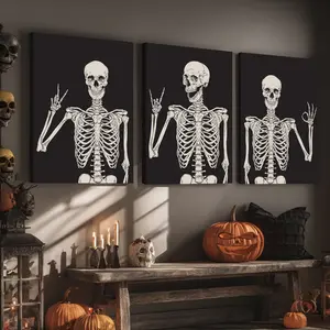 3 Counts Wooden Framed Canvas, Interesting Skeleton Characters, Halloween Home Poster, Halloween Party Decorations, Living Room And Bedroom Hanging Paintings, Horror Theme, Interesting Posters, Exquisite Gifts, High-Definition Art, Wooden Wall Art