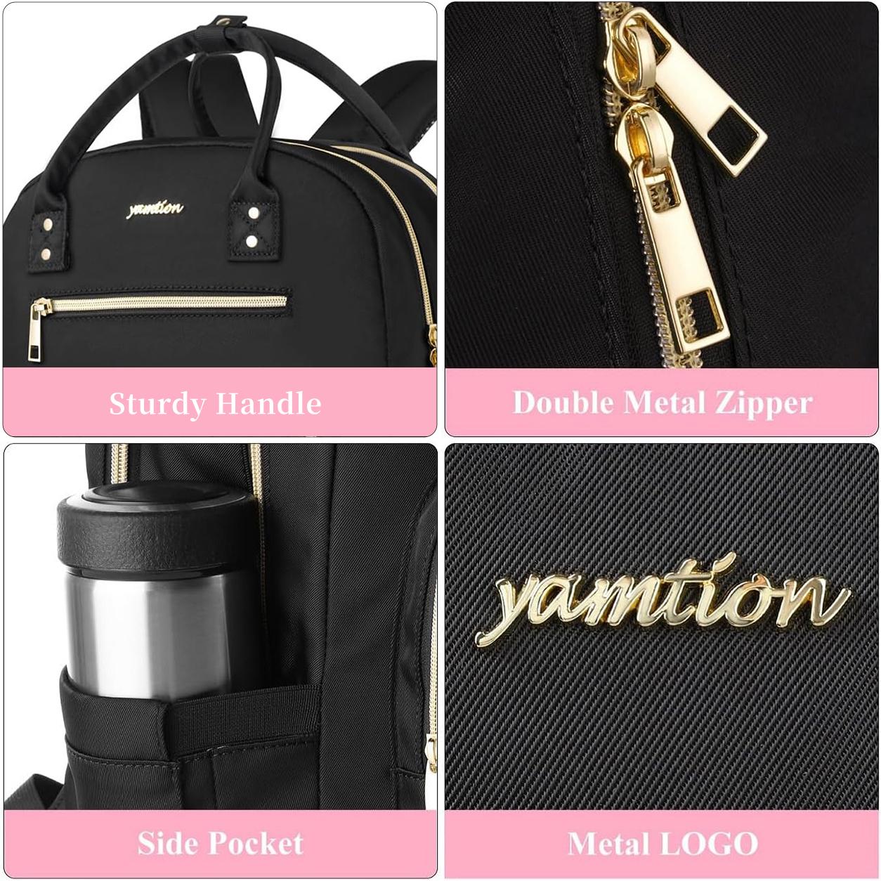 YAMTION 15 Inch Large Quilted Laptop Backpack with USB Charging Port & Gold Hardware, Water Resistant Convertible Backpack for Women, Students, Work, Business & Daily Commute
