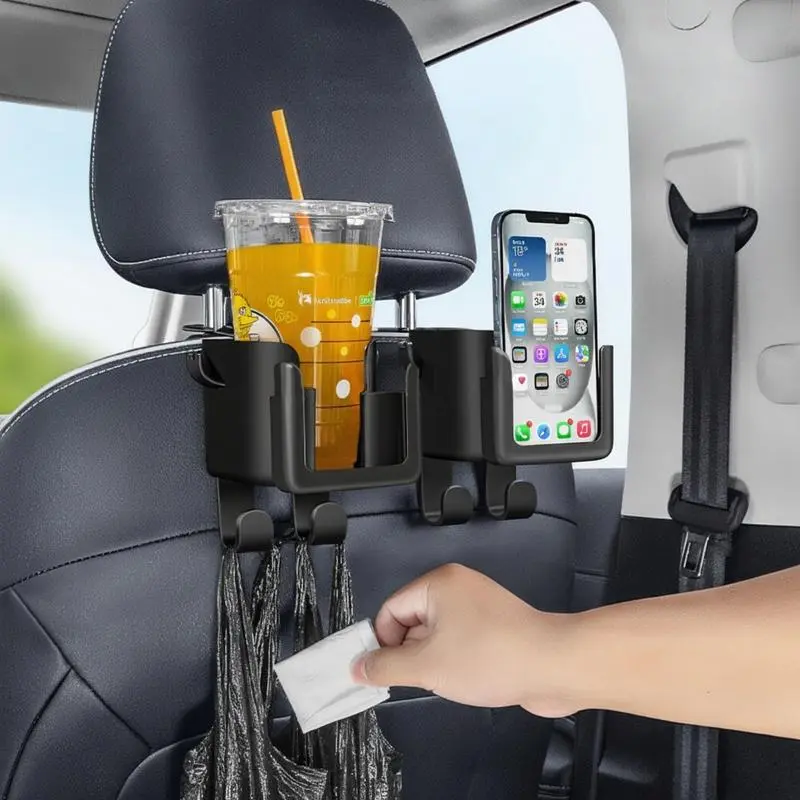 Car Seat Back Organizer with Cup Holder, Phone Stand and Hooks, Space-Saving Multi-Functional Storage Rack for SUVs, Sedans and Trucks, Holds Water Bottles and Phones, Vehicle Organizer, Car Interior Organizer, Multifunctional Car Organizer