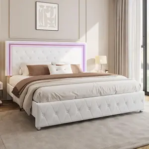 AMERLIFE Modern Bed Frame with RGB LED Lights, Adjustable Headboard Velvet Button Tufted/Acrylic Mirror Accents/Smart APP&Remote Control/No Box Spring Needed/Furniture Room/Full/Queen Size/Best Gift Ideas/Christmas Gifts