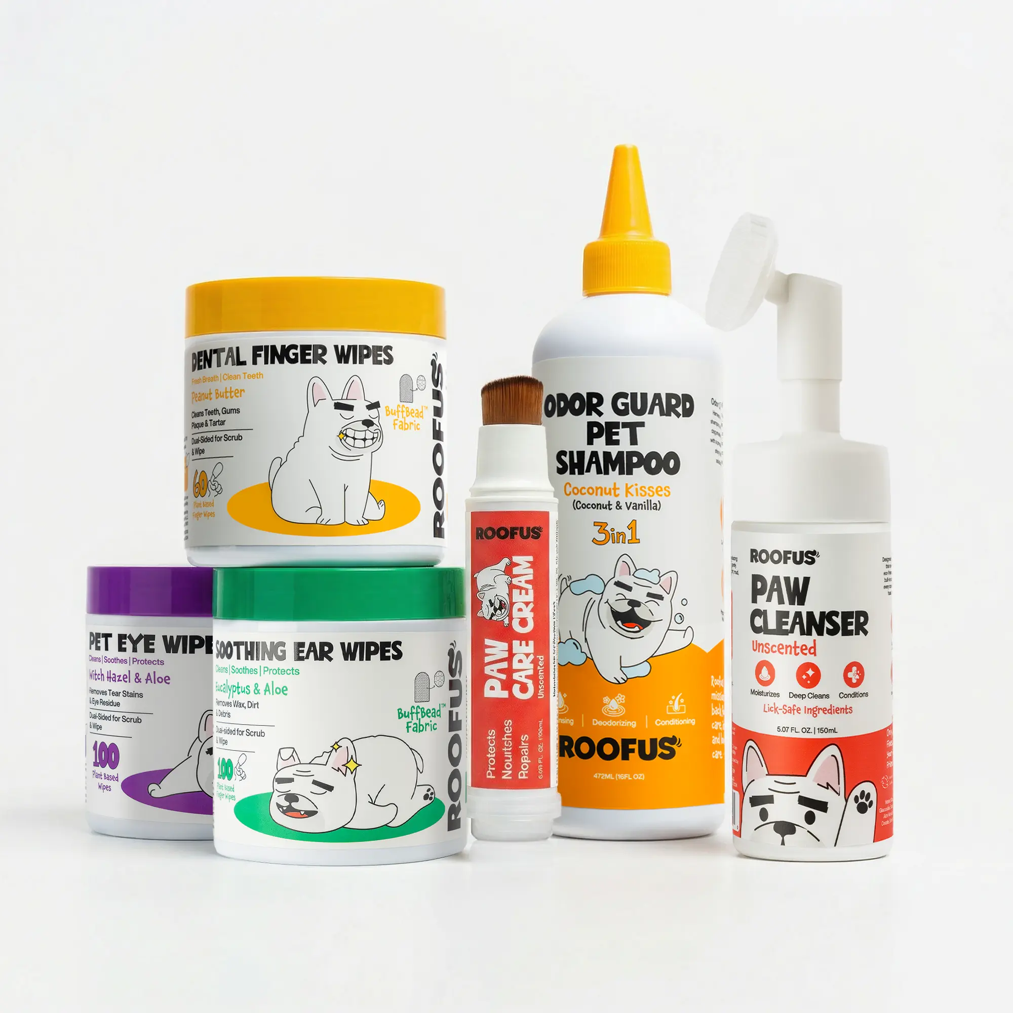 Roofus Pampered Pup Bundle – Complete Dog Grooming Set | Dental Finger Wipes, Soothing Ear Wipes, Pet Eye Wipes, Paw Cleanser, Paw Care Cream & Odor Guard 3-in-1 Pet Shampoo | Lick-Safe | BuffBead Fabric | 6-Piece Full Grooming Kit
