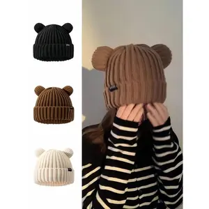 Women's Animal Ear Knit Beanie Hat, Casual Letter Patch Acrylic Warm Cap, Bear Shape Fitted Sweater Hat for All Seasons, Knitted Hat