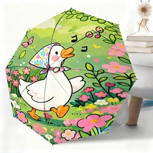 A white duck wearing a floral headscarf sings among the flowers. Waterproof folding umbrella, suitable for both men and women, portable and ideal for travel and everyday use.