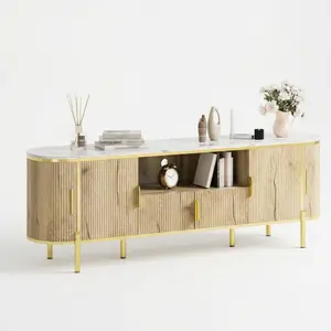 MDF 4-Door TV Cabinet, 70" Round Wave Pattern Farmhouse Media Console for Indoor Living Room