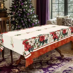 PLUMLIK Vintage Beige tacky Christmas Tablecloth with Christmas Flower Patterns, Christmas Decor 2025, Christmas Party Decoration for Indoor Outdoor, Elegant Floral Round Rectangular Table Cloth, Holiday Home kitchen Festive Decor, Christmas Gifts