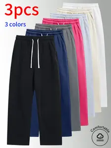 3-pack men’s straight knit pants, spring/autumn minimalist sporty straight sweatpants with elastic waistband and drawstring design, relaxed loose fit with a drapey feel, ideal for everyday commuting outfits, solid color versatile style, suitable for both