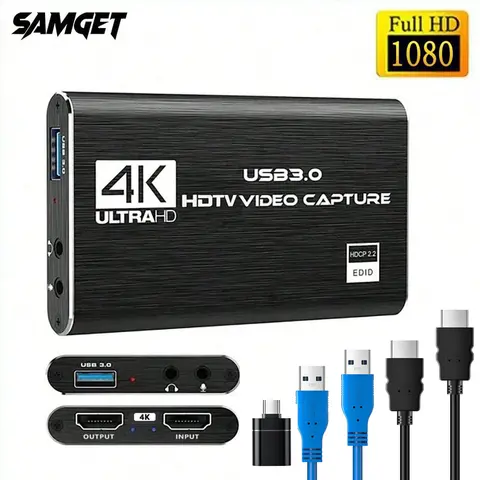 Capture Card, Audio Video Capture Card with Microphone 4K HDMI Loop-Out, 1080p 60fps Video Recorder for Gaming/Live Streaming/Video Conference, Works for Nintendo Switch/PS4/OBS/Camera/PC Accessories, Port, Alloy