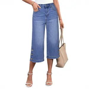Shewin 2026 Spring/Summer Women's Stretch Denim Capri Jeans - High Waist Wide Leg Cropped Jeans with Button Detail and Split Leg Opening for Daily Casual Wear