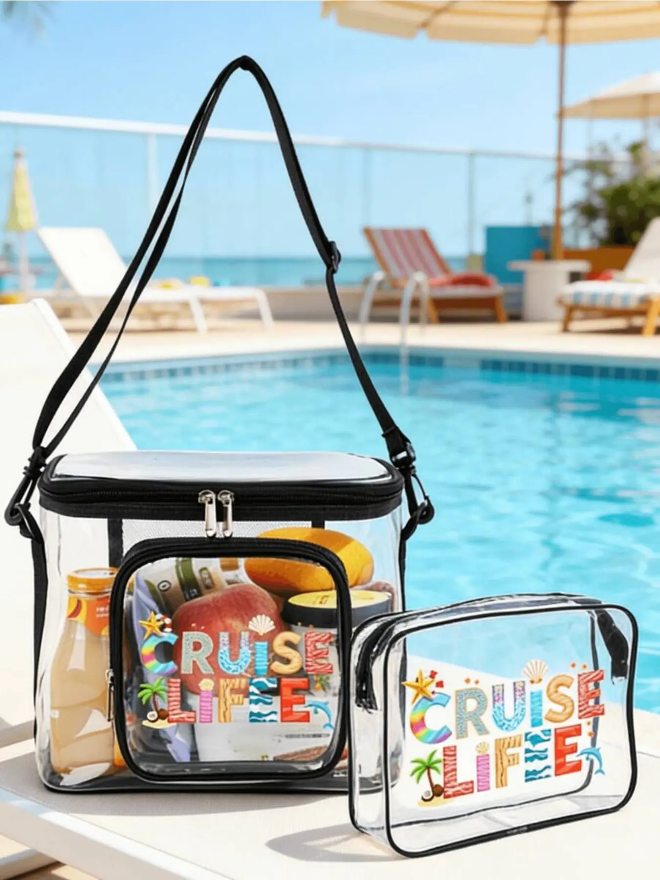 2-Pack Transparent Lunch Bags, PVC Storage Pouches with 'cruise Life' Logo, Waterproof Multi-Use Backpacks for School, Office, Beach, Outdoor Activities