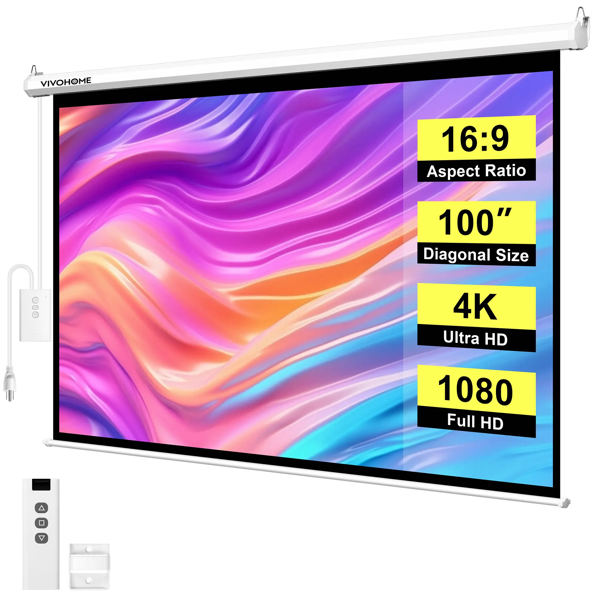 VIVOHOME Motorized Projector Screen with Remote, 16:9 100 Inch & 84 Inch Auto Electric Projection Screen, HD 4K Movie Screen for Home Theater, Cinema, Office