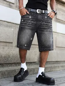 Men's Y2K Washed Loose Wide Leg Jeans Shorts, Rhinestone Graffiti Letter Denim Capris, 90s Hip Hop Street Style Streetwear Oversize Skateboard Shorts, Classic