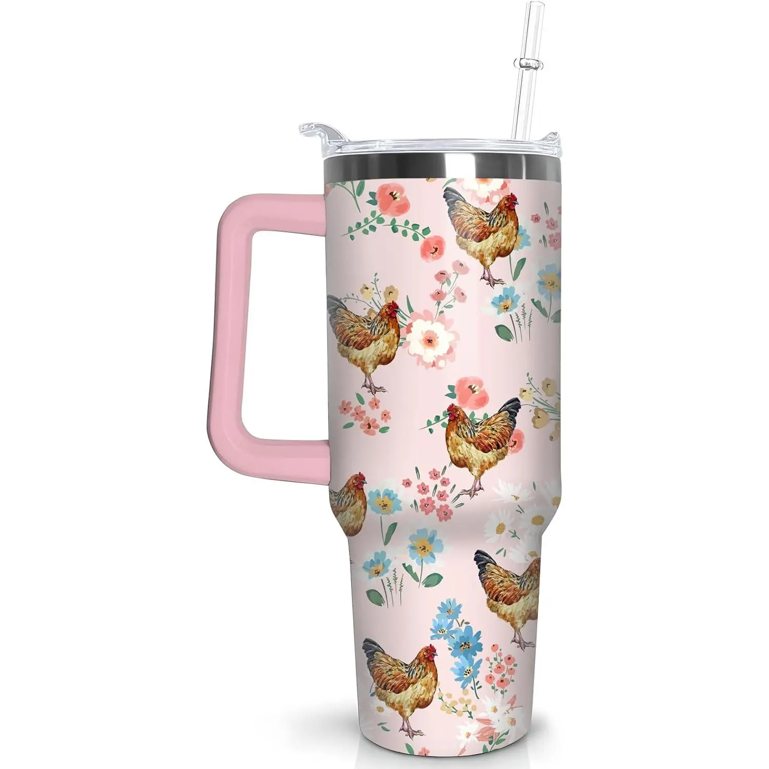 40 oz Rooster Stainless Steel Vacuum Insulated Flask - Portable Coffee Mug with Handle, Straw, Animal-Themed Kitchenware Travel Drink Bottle, Casual Gift for Women with Insulation Feature