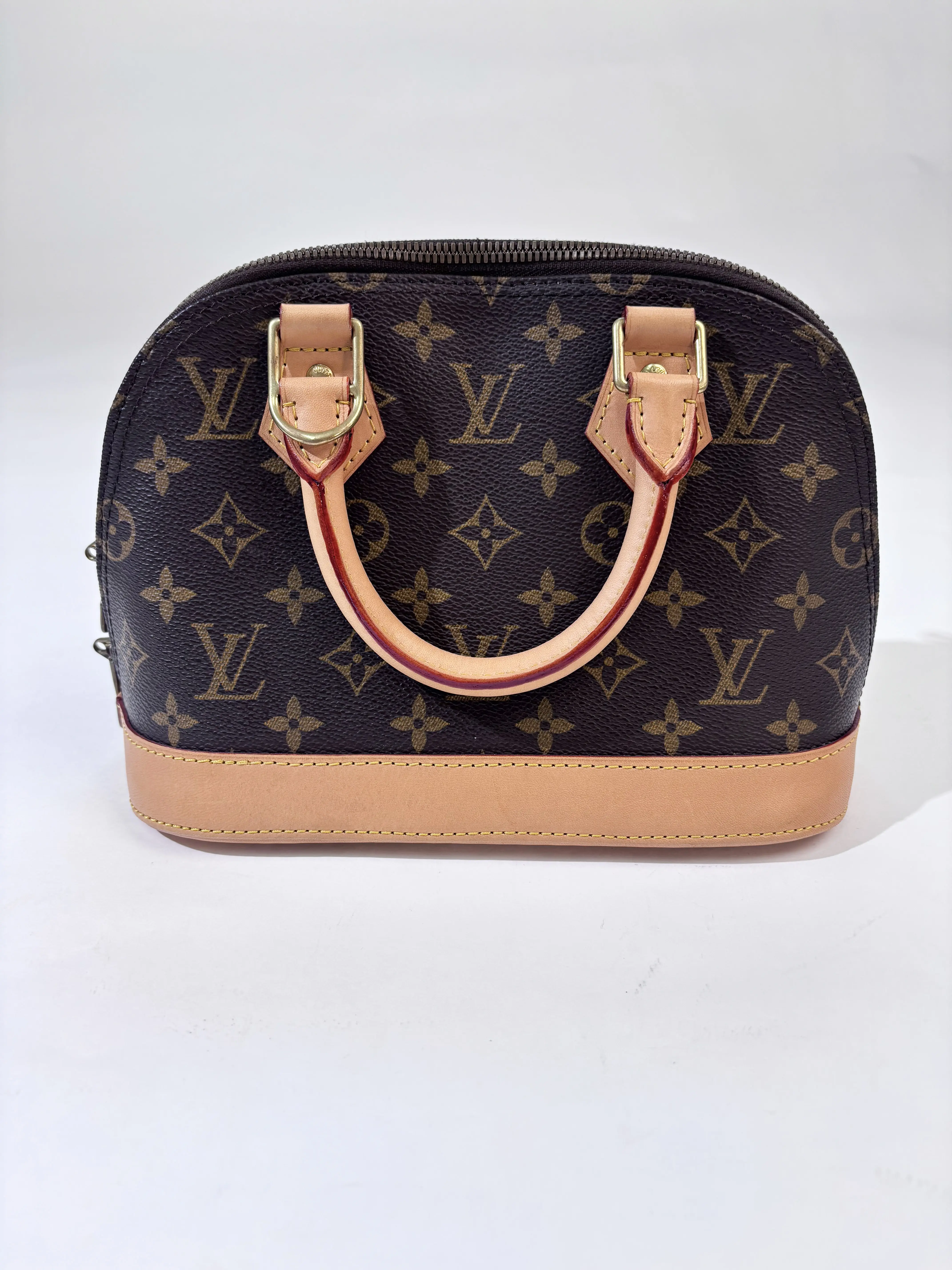 Pre-owned Louis Vuitton Excellent Top Handle Bags Alma‑BB Monogram Top‑Handle Bag Dark Brown Canvas & Honey‑Tan Leather Pre‑owned