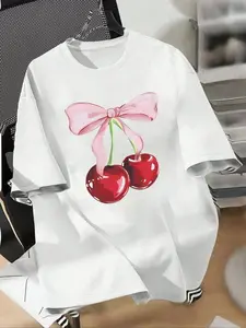 Women's Cherry Print Round Neck Tee, Casual Short Sleeve T-shirt for Daily Wear, Ladies Clothing for All Seasons