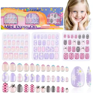 72 Pieces Press on Nails for Kids, 3 Pack Kid Fake Nail Kit Purple Flower Black Streak Press on Nails for Girls 7-12 Years with Jelly Nail Adhesives