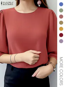 Women's Plain Bishop Sleeve Keyhole Neckline Blouse, Casual 3/4 Length Sleeve Top for Spring & Fall, Women's Clothing for Daily Wear