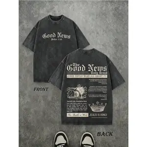 Vintage Washed Good News John 3:16 Christian Oversized T-Shirt Double-Sided Newspaper Faith Graphic Tee Casual Streetwear For Men Women