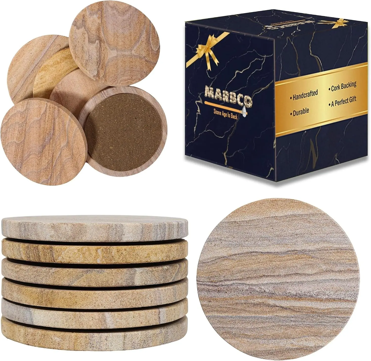 Sandstone Water Absorbent Hand Crafted Round Coasters for Drinks - 4 Inches Wide Thirsty Stone Bar/Drink Coasters- Made from Rainbow Sandstone (Set of 6 Without Holder)