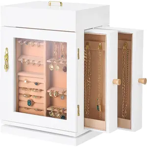 VEVOR Jewelry Box, 360° Rotating Jewelry Organizer with Magnetic Door, Acrylic Window and Built-in 4 Necklace Hooks, Spacious Storage Case with Metal Handles, Bottom Pad and Soft Flannel Lining, White