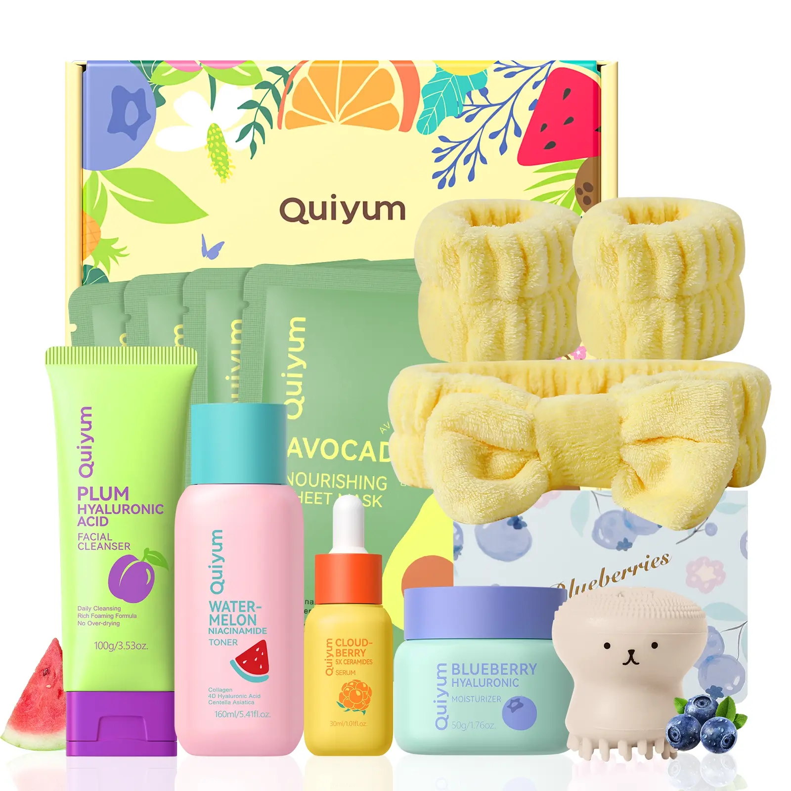 Quiyum Fruit Skincare Gift Set, Moisturizing Set, 11-in-1 Skincare Gift Set with Facial Cleanser, Toner, Serum, Cream, Mask,Octopus Brush,Bandeau,Cards, Gift boxes, Best Gift For Birthday Present