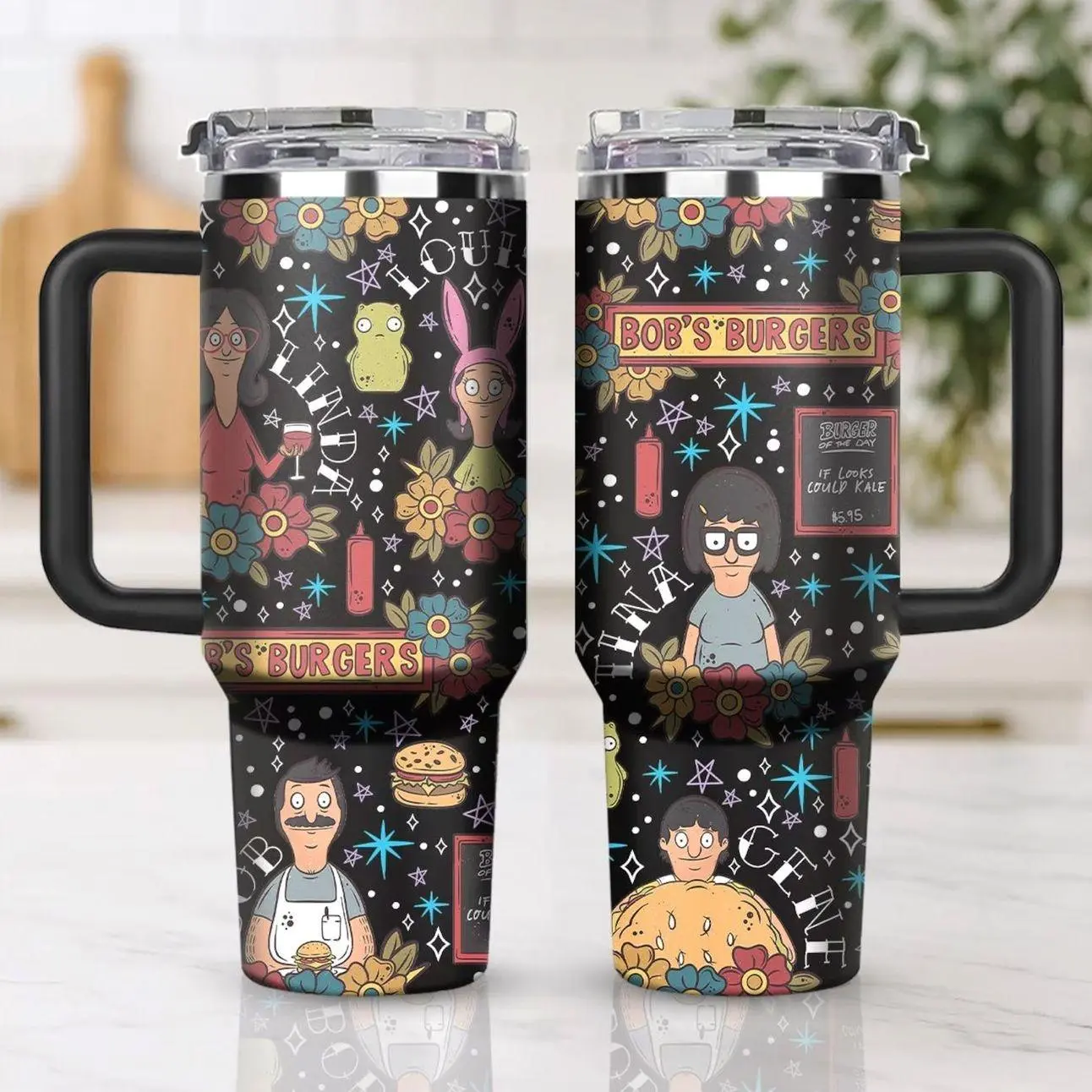 Bob's Family 40oz Tumbler With Handle, Belcher Family Stainless Steel Travel Mug, Cartoon Insulated Cup With Straw, Funny TV Show Fan Gift, Burger Lover Drinkware, Retro Comedy Series Tumbler