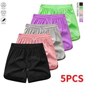 Pack of 5 women’s casual athletic shorts, solid color, drawstring elastic waistband, suitable for outdoor sports, fitness, running, and yoga; women’s shorts, summer shorts, summer clothing,summervibes