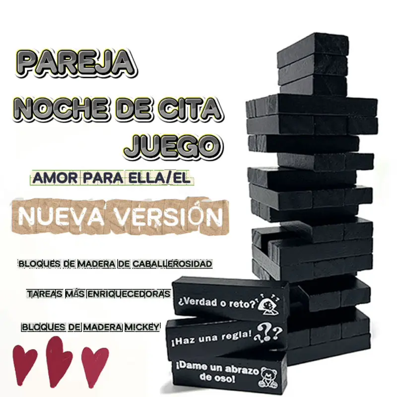 Block tower game (Spanish version), black blocks, tower game for couples, gift for friends, best game for parties. Regalo de San Valentín. Couple gifts for adults, date night ideas for him, boyfriend, wife, husband and couples, gifts for loved ones