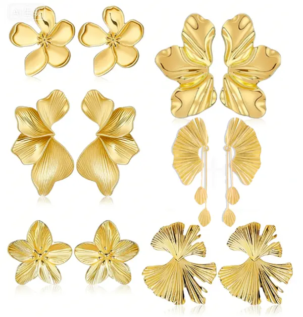 Gold Flower Statement Earrings for Women, Gold Large Irregular Leaf Drop Earrings, Big Chunky Dangle Floral Earrings Set for Gift – Lightweight Bohemian Jewelry for Wedding, Party, Prom, Daily Wear