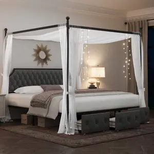 Full/Queen/King Canopy  Frame With 2/3 Drawers And Button Tufted Headboard, Platform  With 4 Removable Posts, Two-Purpose Velvet , No Box Spring Needed, Dark Grey/Beige, Curtains Not Included bed dining set