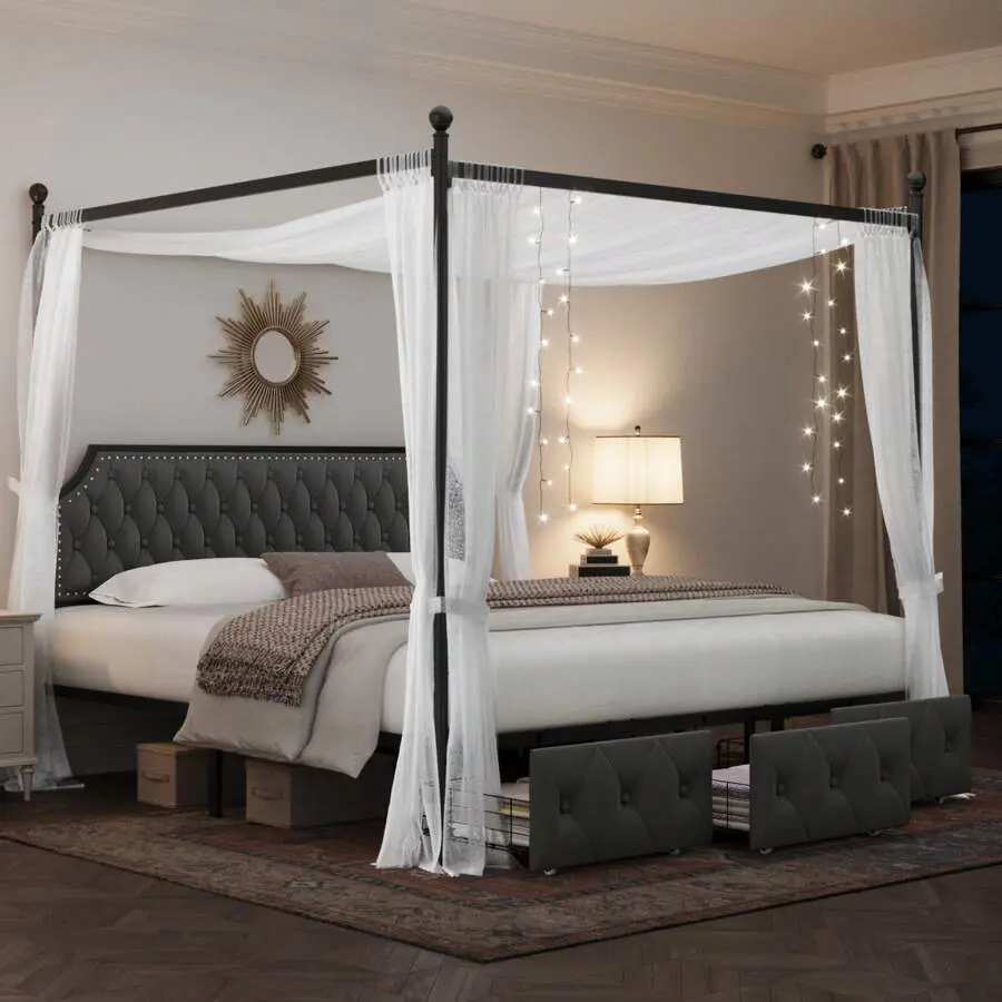 Velvet 2-in-1 Canopy Bed Frame - Multi-Sizes (Full/Queen/King), Button Tufted Headboard, 2/3 Storage Drawers, 4 Removable Posts Platform, Steel Slats, 800lbs Capacity, Decorative Light Strips Compatible, No Box Spring Needed, Curtains Not Included, Durabl