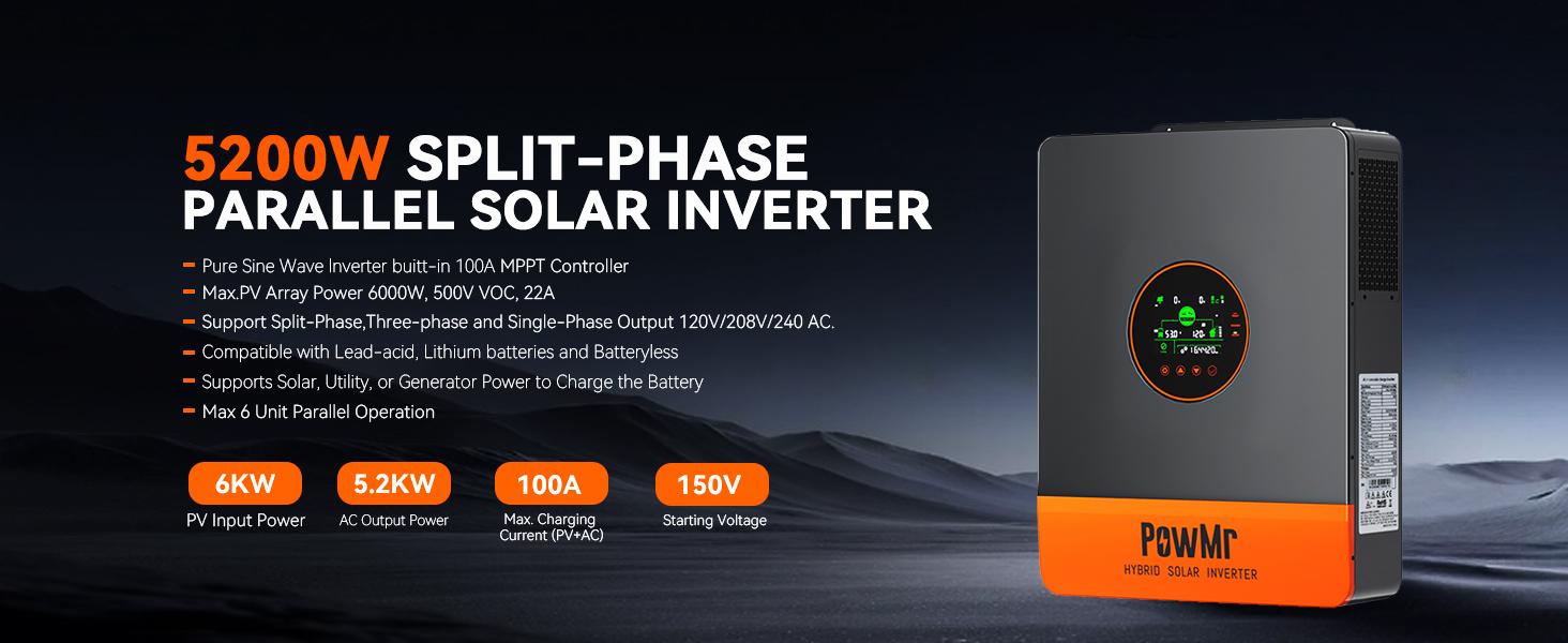 PowMr Solar Hybrid Inverter 5200W 48Vdc to 110Vac Split-Phase Solar Inverter Built-in 100A MPPT Controller | Max.PV Input 6KW 500VOC | Support 6 Units Parallel and Batteryless Run