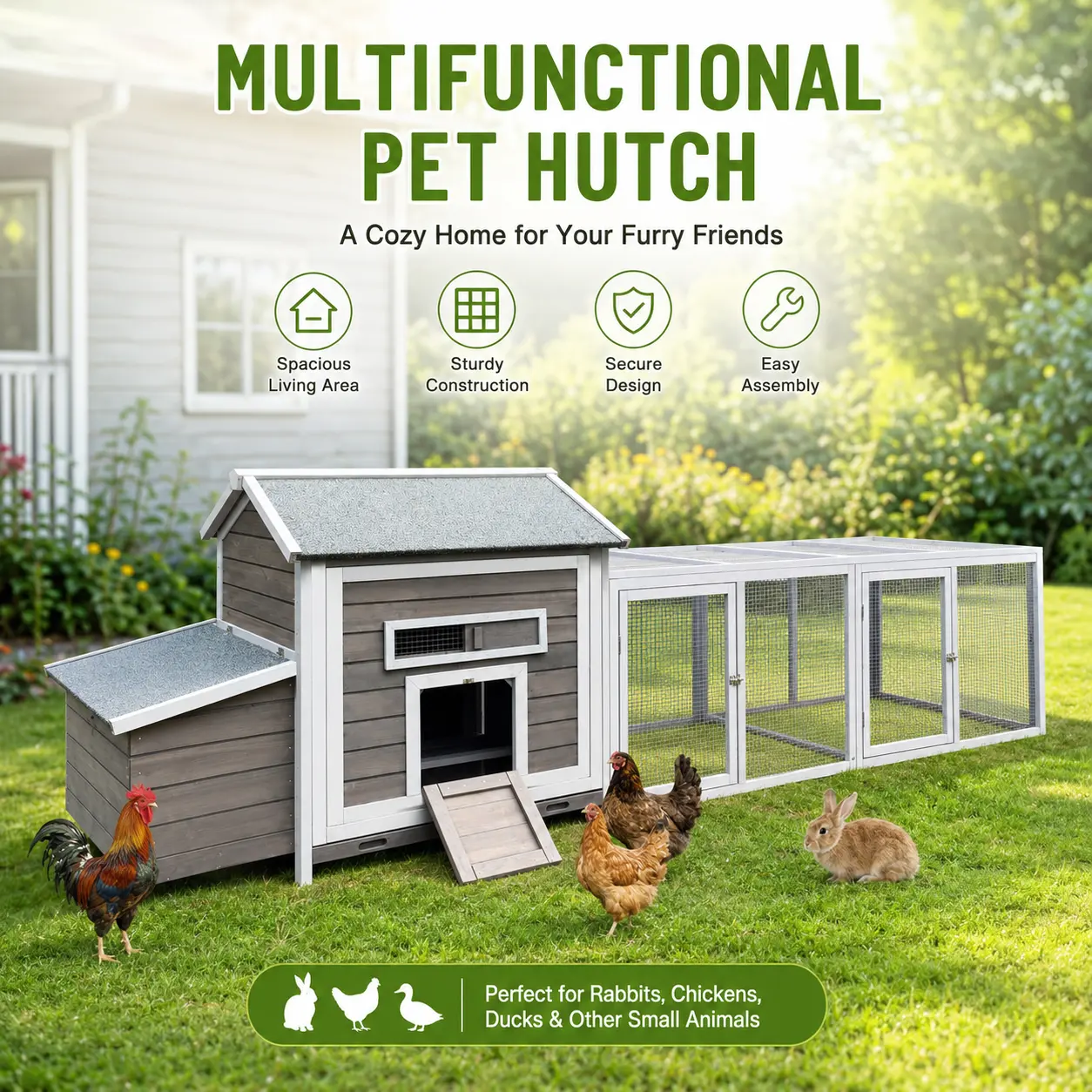 118" Wooden Outdoor Poultry Hutch - Chicken Coop Enclosure, Hen House Cage with Free-Range Doors, Nesting Box, Leakproof Pull-Out Tray