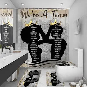 4 Pcs Black King Queen Shower Curtain Set, Inspirational Quotes Black Man Women Bathroom Decor Sets with Shower Curtain and Rugs Toilet Lid Cover Bath Mat, Romantic Waterproof Fabric Shower Curtains