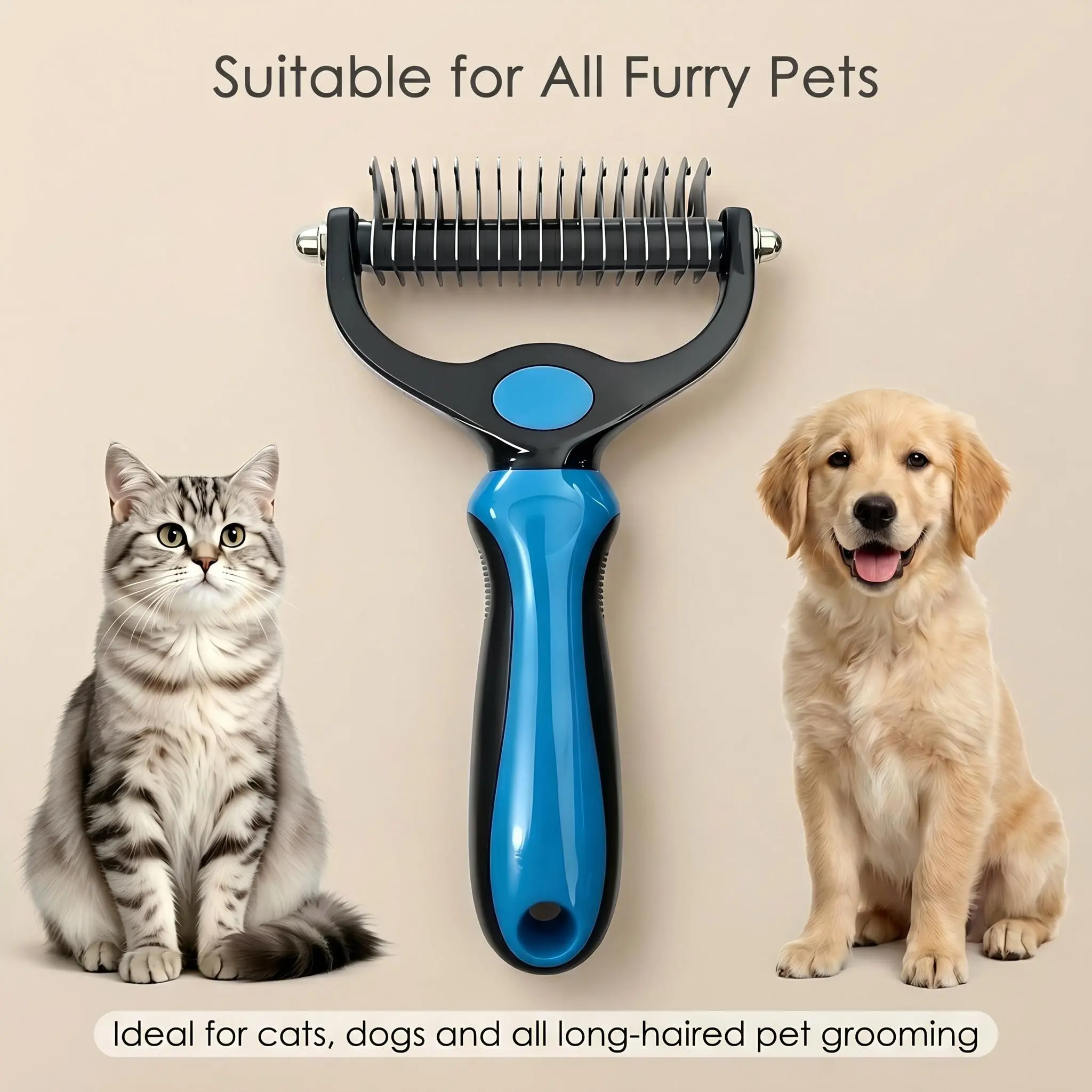Wide Double-Sided Undercoat Rake, Deshedding & Dematting Grooming Brush for Dogs & Cats, Removes Mats, Tangles and Loose Fur