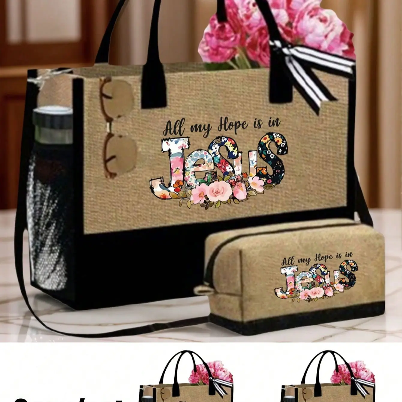 Christian Large Capacity Canvas Handbag with Makeup Bag, Jesus Letter Print Shoulder Bag, Women's Casual Printed Crossbody Bag